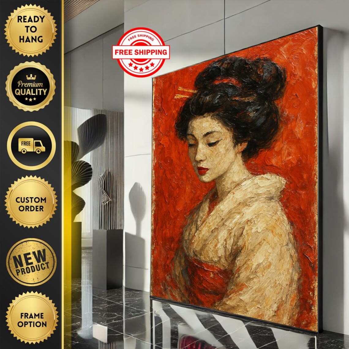 Japanese Geisha Portrait in Kimono Red Impasto Oil Art Poster