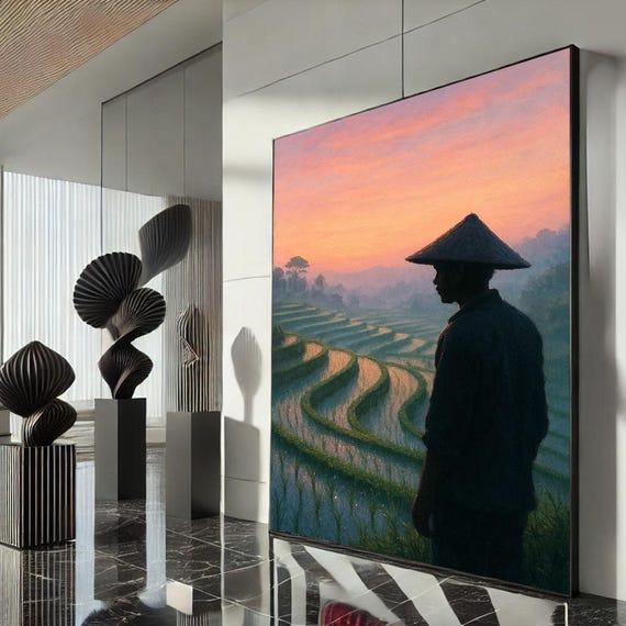 Tranquil Asian Farmer At Sunset Canvas Wall Art Print Serene Living Room Decor Statement Piece