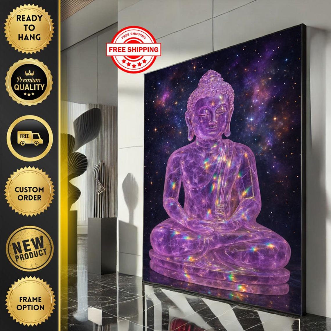 Cosmic Purple Crystal Buddha Meditating in Starry Galaxy Poster