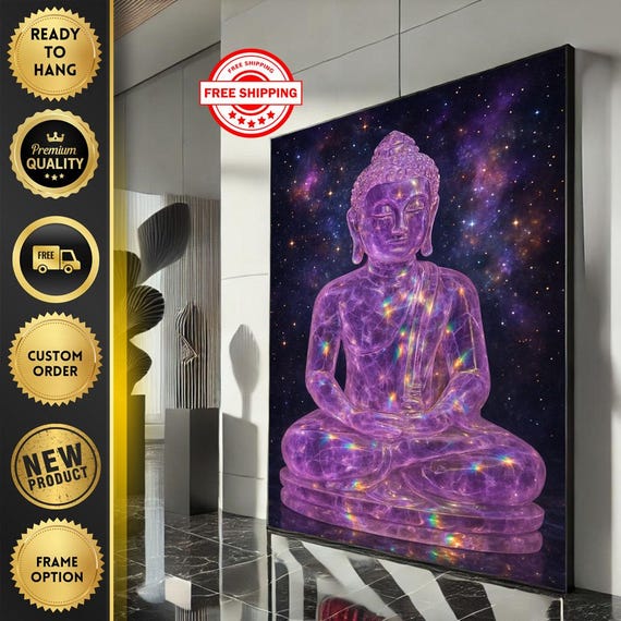 Calming Purple Buddha Canvas Wall Art Print Cosmic Meditation Living Room Decor Ready To Hang