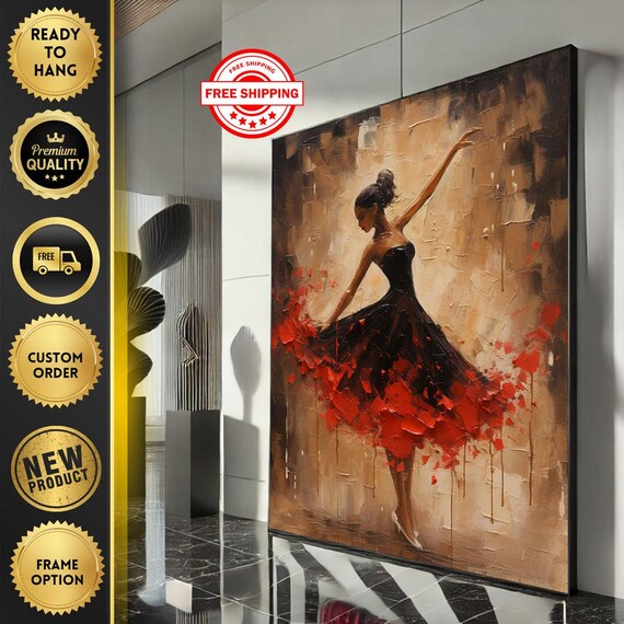 Elegant Ballerina In Red Dress Canvas Wall Art Print Modern Dance Beauty Living Room Decor Ready To Hang