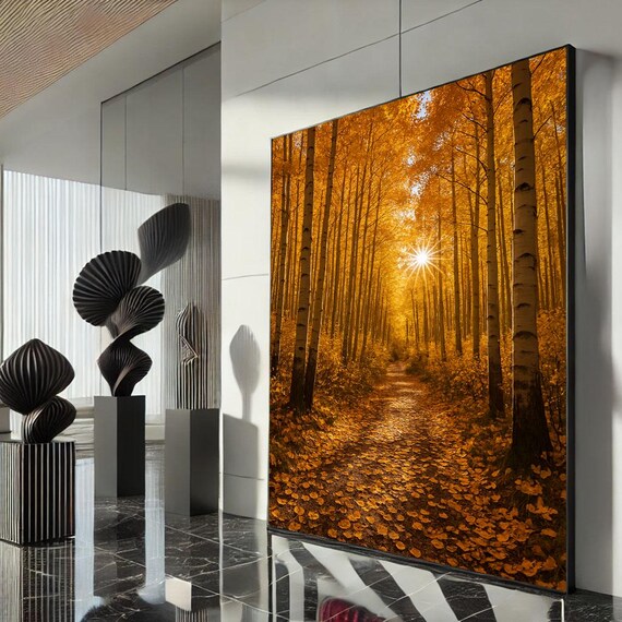 Golden Autumn Forest Path Birch Trees Sunburst Warm Fall Foliage Landscape Poster