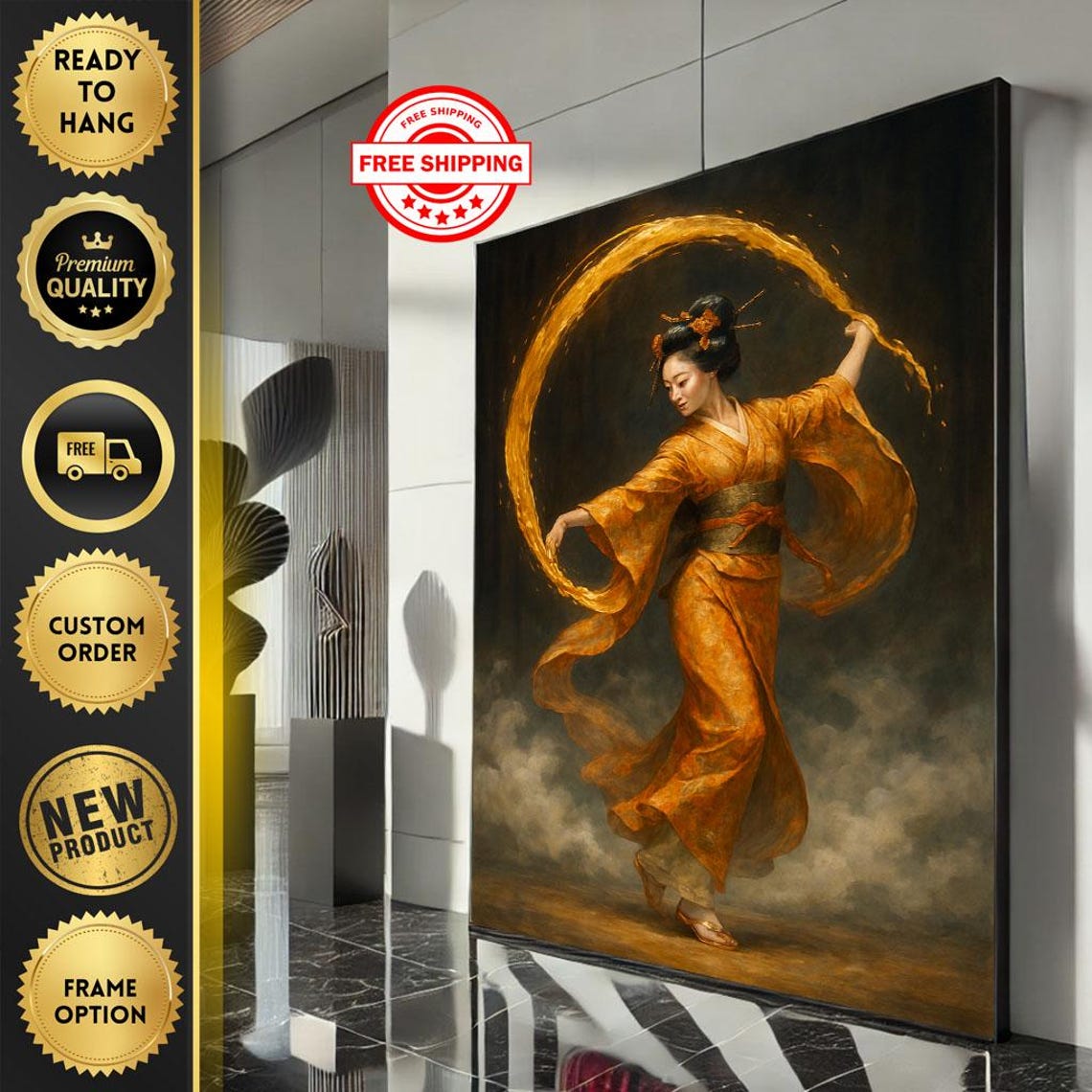 Golden Kimono Dancer Flowing Ribbon Circle Japanese Elegant Poster