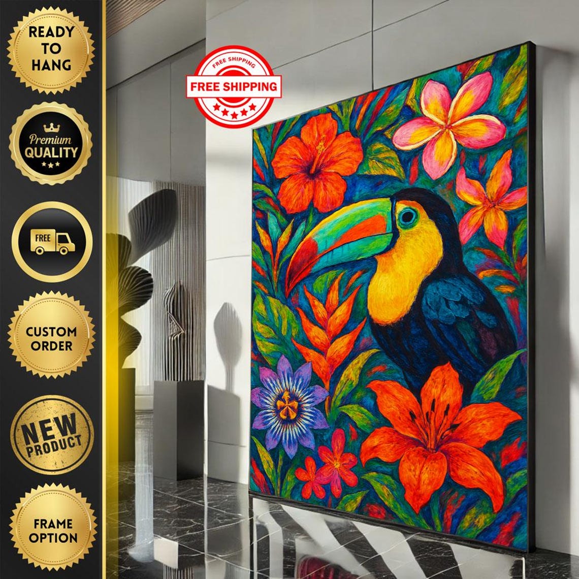 Colorful Toucan with Tropical Flowers Vibrant Bird Art Poster