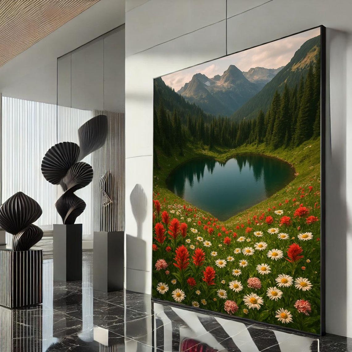 Heart Shaped Mountain Lake Amid Wildflower Meadow Scenery Poster