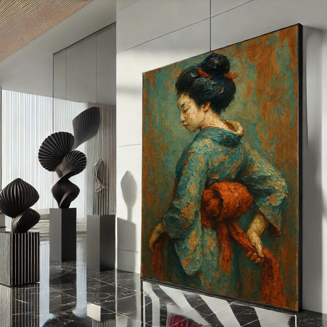 Impressionist Japanese Woman Teal Kimono Red Obi Oil Painting Poster