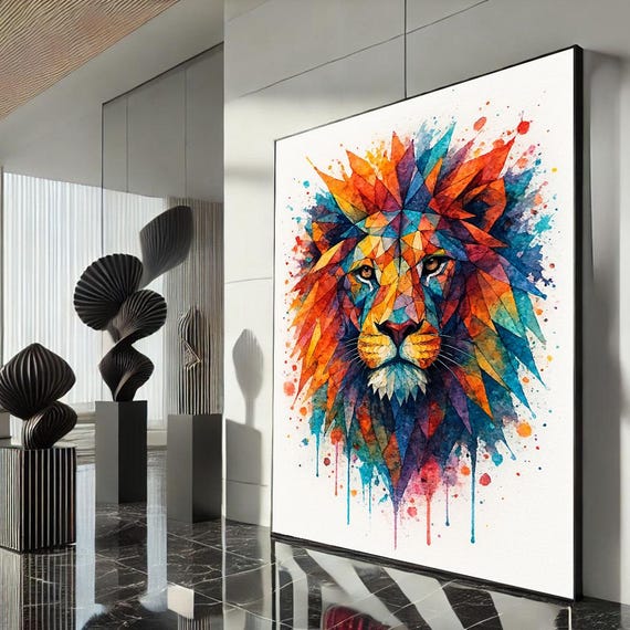 Vibrant Geometric Lion Canvas Wall Art Print Abstract Living Room Decor Statement Piece