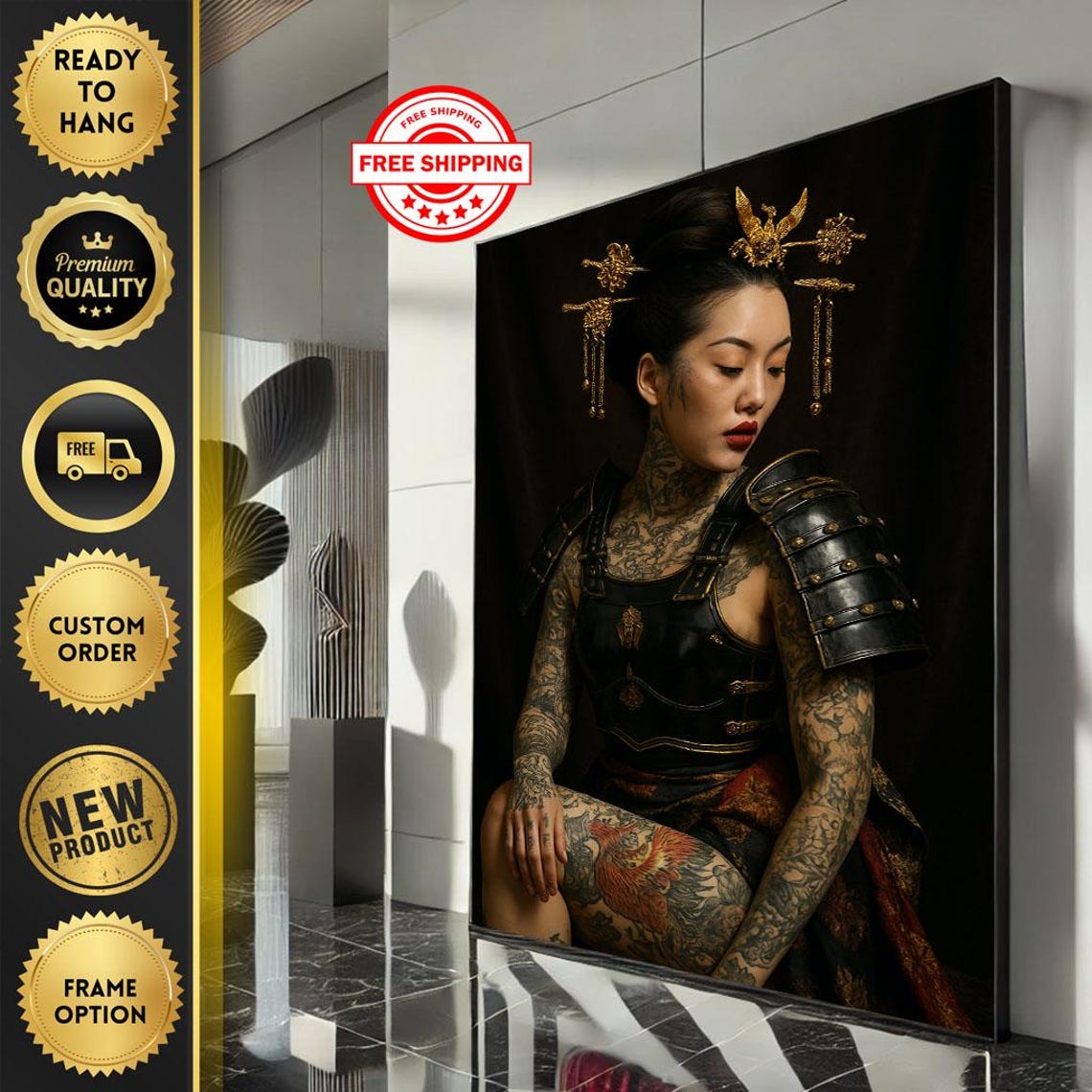Bold Samurai Woman Portrait Canvas Wall Art Print Dark Tones Living Room Decor Ready To Hang