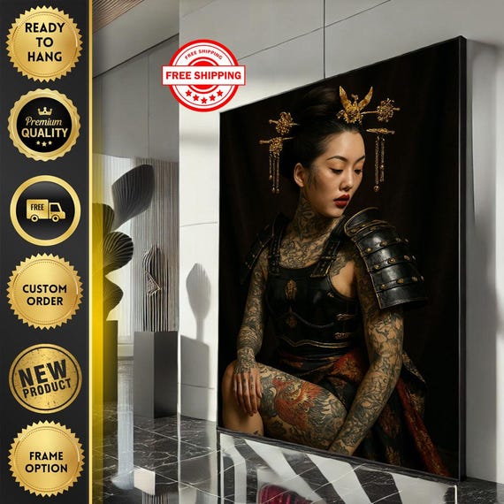 Bold Samurai Woman Portrait Canvas Wall Art Print Dark Tones Living Room Decor Ready To Hang