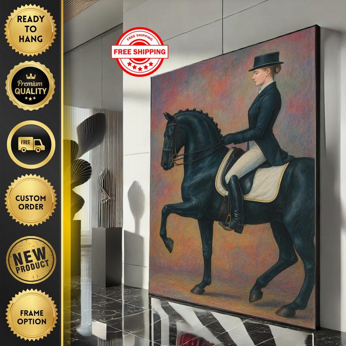Classic Elegant Dressage Rider Black Friesian Horse Portrait Poster