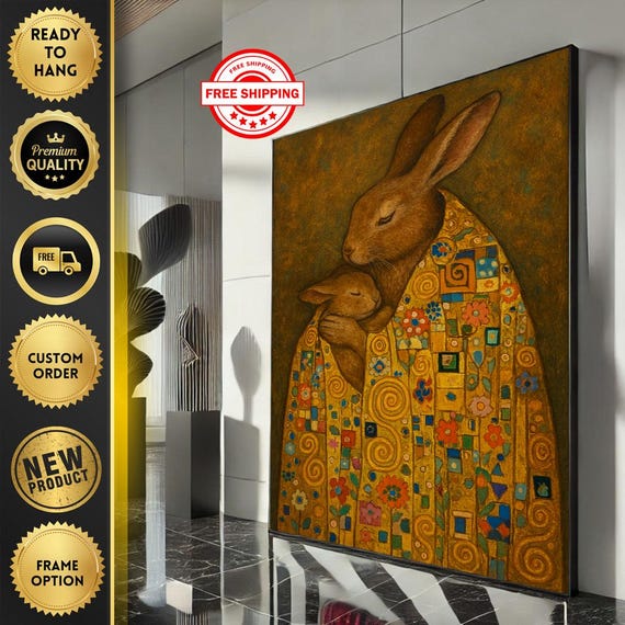 Cozy Rabbit Family Abstract Canvas Wall Art Print Warm Tones Living Room Decor Ready To Hang