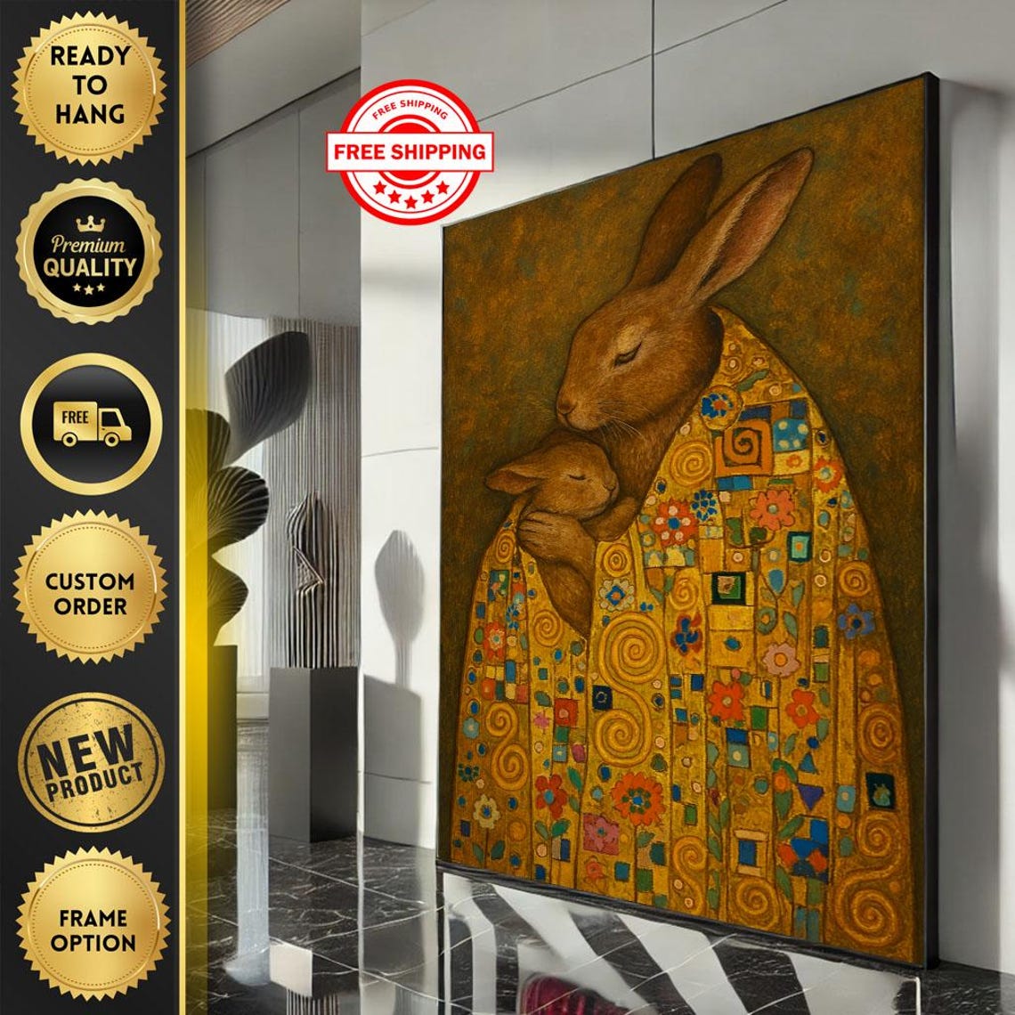Cozy Rabbit Family Abstract Canvas Wall Art Print Warm Tones Living Room Decor Ready To Hang