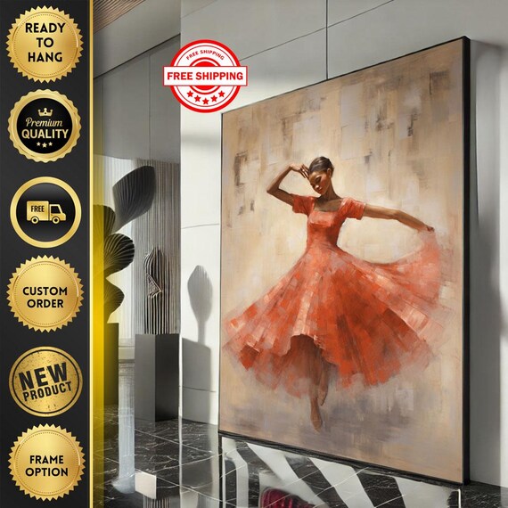 Elegant Ballerina In Red Dress Canvas Wall Art Print Modern Living Room Decor Ready To Hang