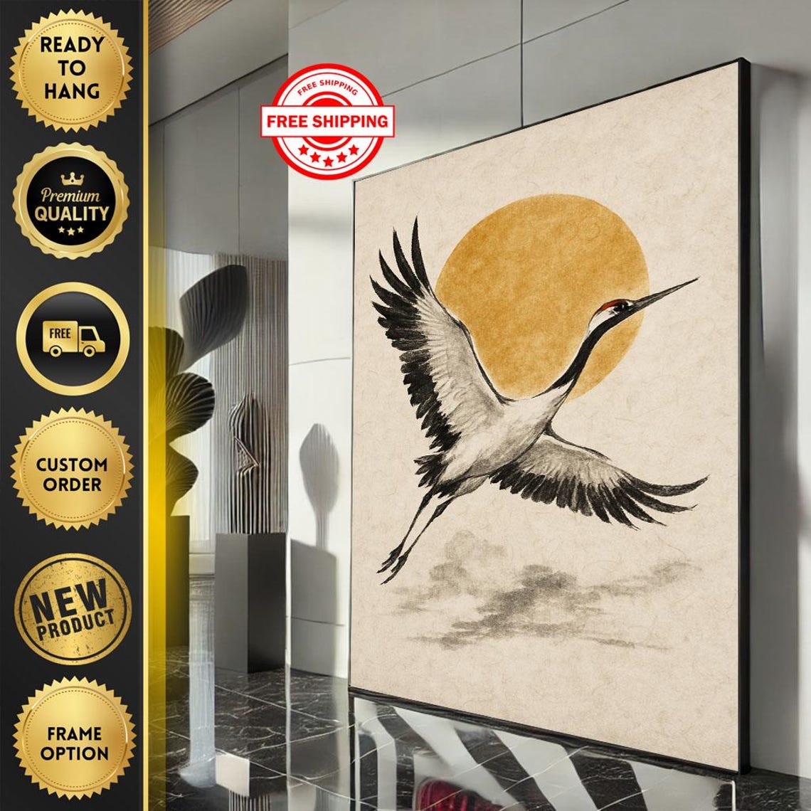 Red Crowned Crane Gold Sun Japanese Ink Bird Painting Art Poster
