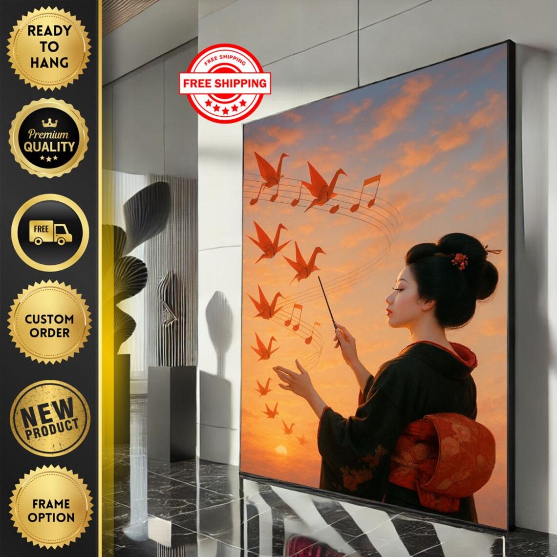Japanese Kimono Woman Conducting Origami Cranes Music Sunset Poster