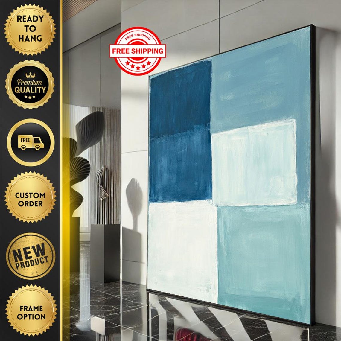 Mark Rothko Inspired Blue And White Four Block Grid Art Poster