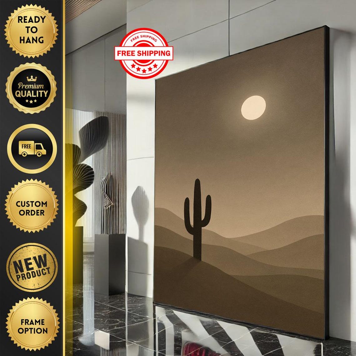Minimalist Desert Cactus Silhouette under Sun Layered Hills Poster