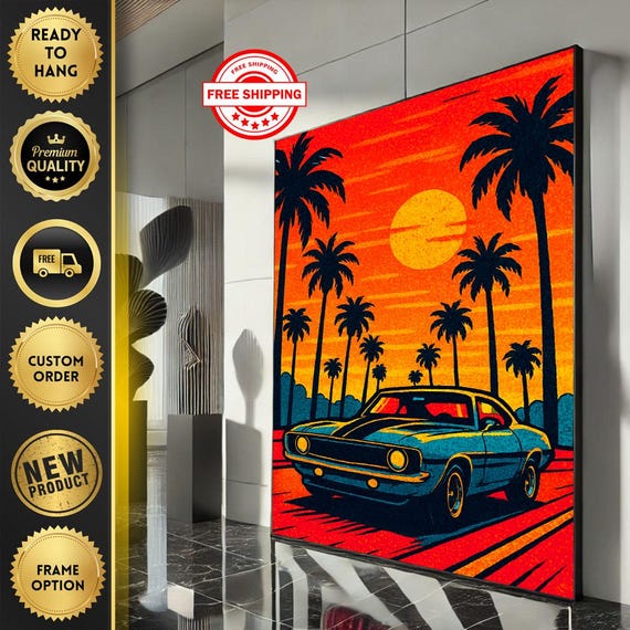 Vintage Car And Palm Trees Sunset Canvas Wall Art Print Retro Living Room Decor Ready To Hang Statement Piece