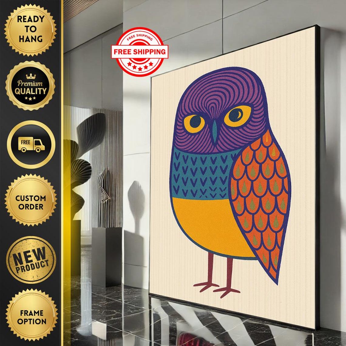 Colorful Geometric Abstract Owl Patterned Feathers Art Poster