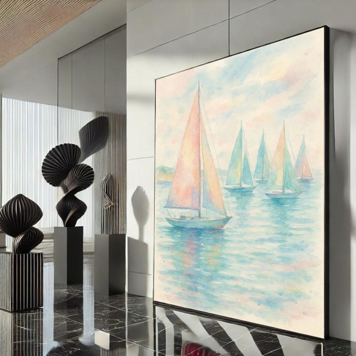 Pastel Watercolor Sailboats Calm Sea Serene Nautical Wall Poster