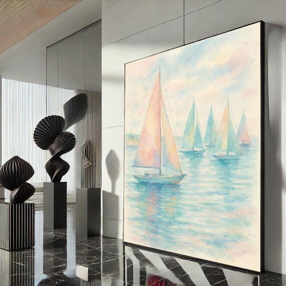 Pastel Watercolor Sailboats Calm Sea Serene Nautical Wall Poster