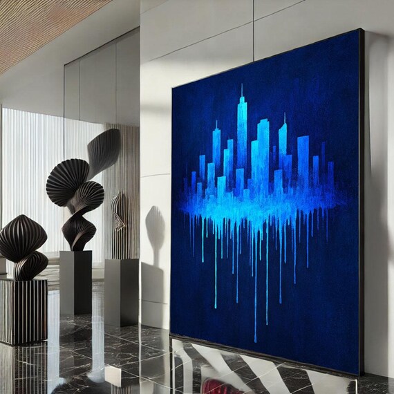 Neon Blue City Skyline Dripping Paint Night Urban Modern Art Poster