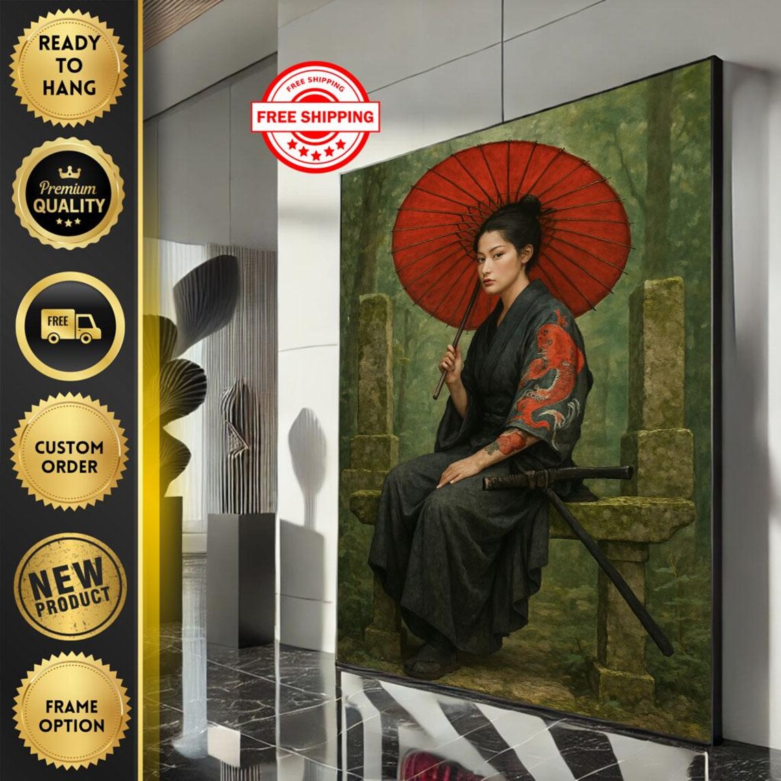 Kimono Woman Red Parasol Dragon Stone Gate Japanese Garden Poster