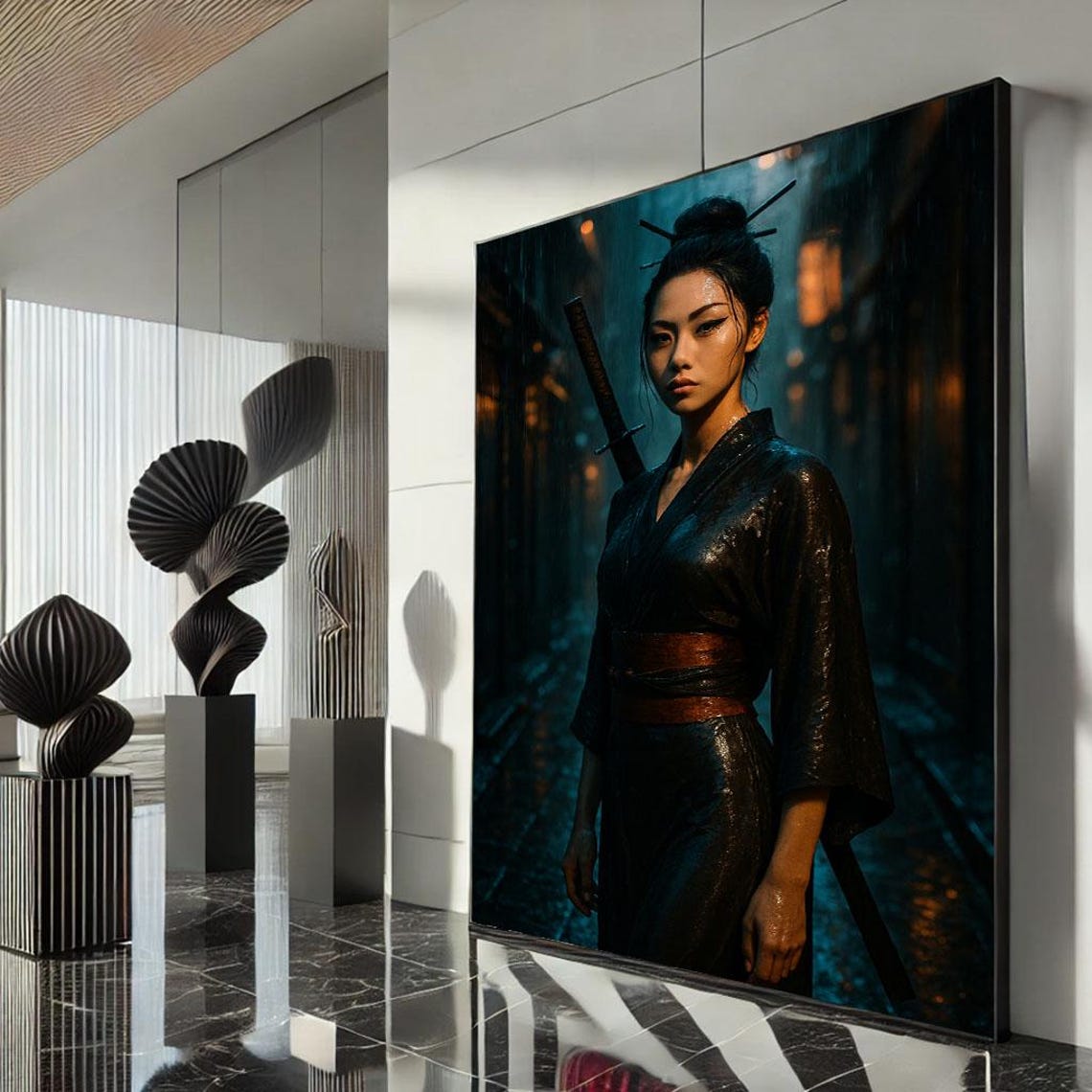 Elegant Samurai Woman Canvas Wall Art Print Modern Dark Tones Living Room Decor Statement Piece