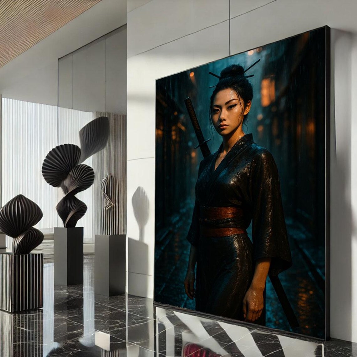 Samurai Woman Rainy Night Street Katana Dark Cinematic Poster