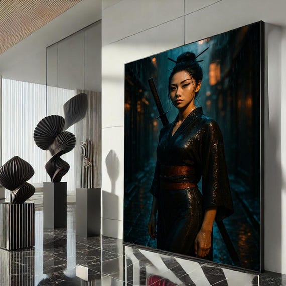 Elegant Samurai Woman Canvas Wall Art Print Modern Dark Tones Living Room Decor Statement Piece