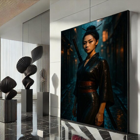 Samurai Woman Rainy Night Street Katana Dark Cinematic Poster