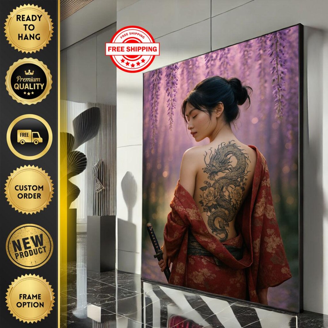 Dragon Back Tattoo Woman Wisteria Japanese Portrait Art Poster