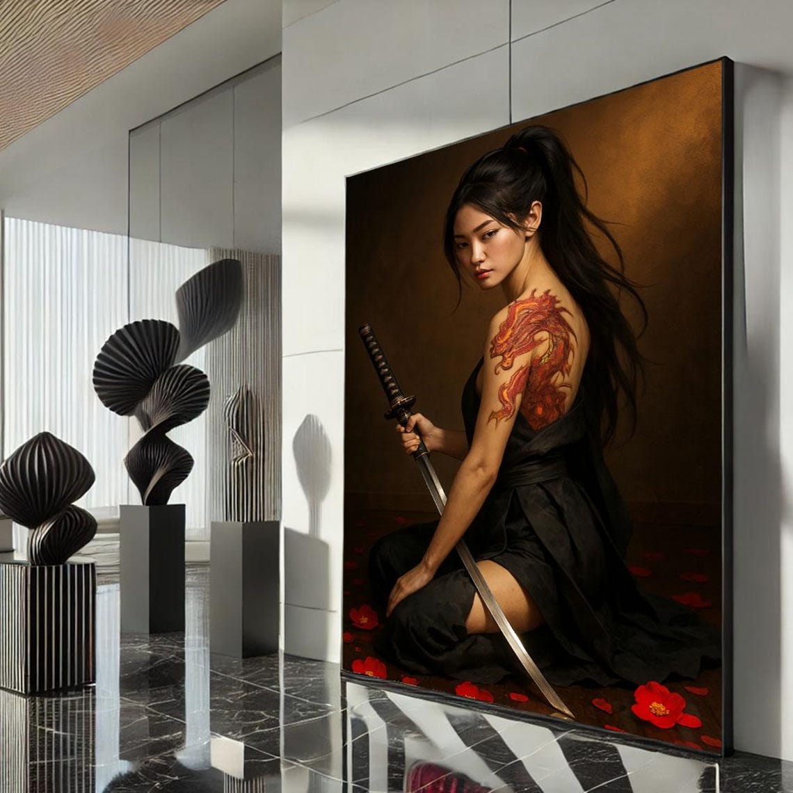 Kneeling Samurai Woman Katana Red Dragon Tattoo Camellia Poster