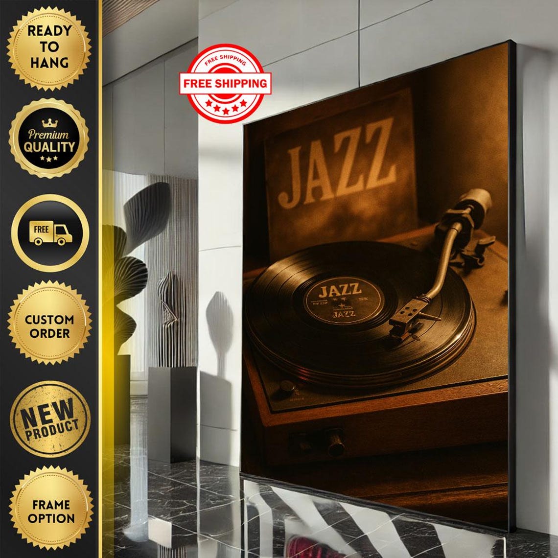 Vintage Turntable With Jazz Vinyl Record Warm Retro Music Poster
