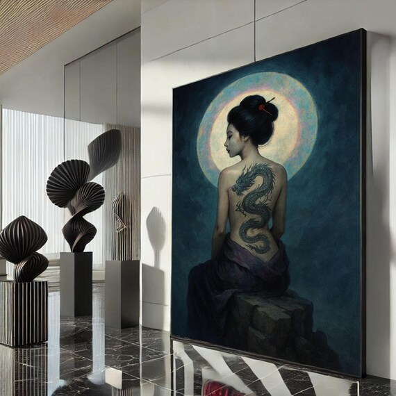 Mystical Japanese Woman With Dragon Tattoo Canvas Wall Art Print Elegant Bedroom Decor Statement Piece