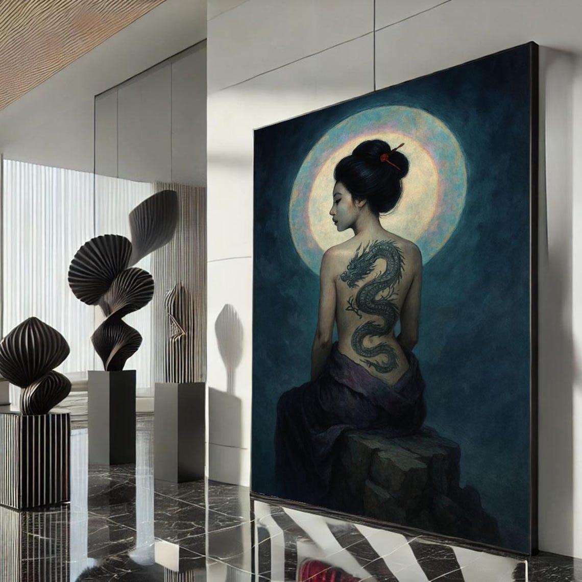 Moonlit Geisha Dragon Back Tattoo Full Moon Night Japanese Poster