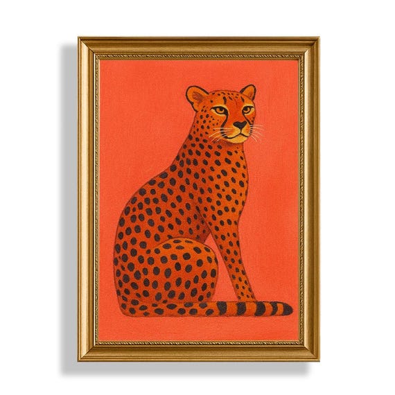 Cheetah Art Print Living Room Wall Vintage Animal Decor Orange