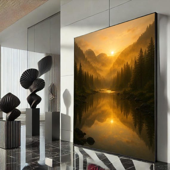 Golden Mountain Landscape Canvas Wall Art Print Serene Living Room Decor Ready To Hang