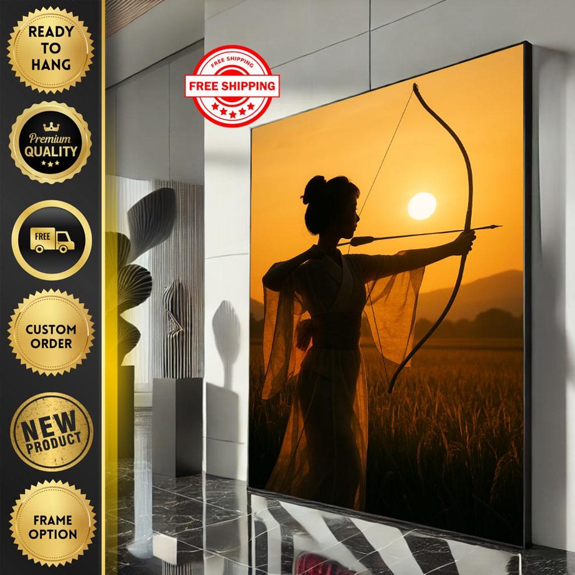Female Archer Silhouette Drawing Bow At Golden Sunset Poster