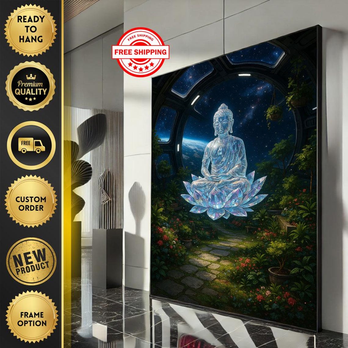 Crystal Buddha on Lotus in Cosmic Garden Observatory Starry Art Print