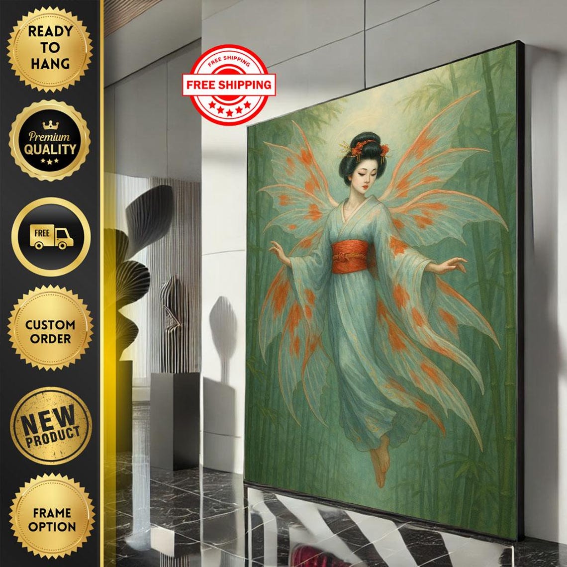 Japanese Woman With Butterfly Wings Misty Bamboo Forest Art Print