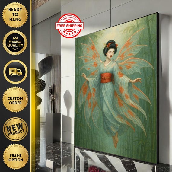 Ethereal Japanese Geisha Canvas Wall Art Print Zen Living Room Decor Ready To Hang