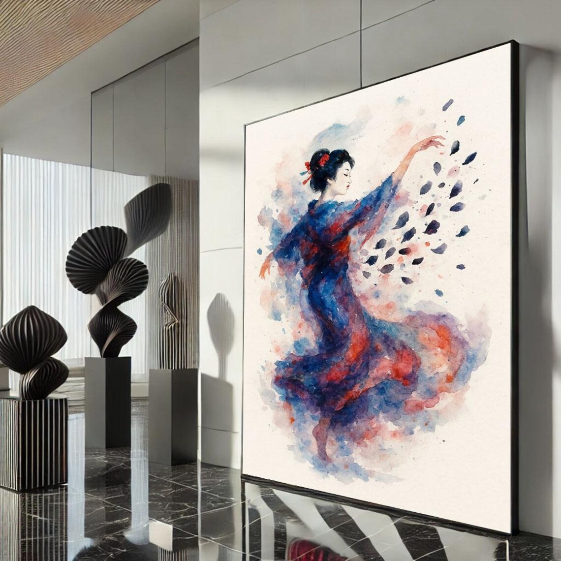 Watercolor Dancing Geisha Flowing Blue Kimono Petal Swirl Poster