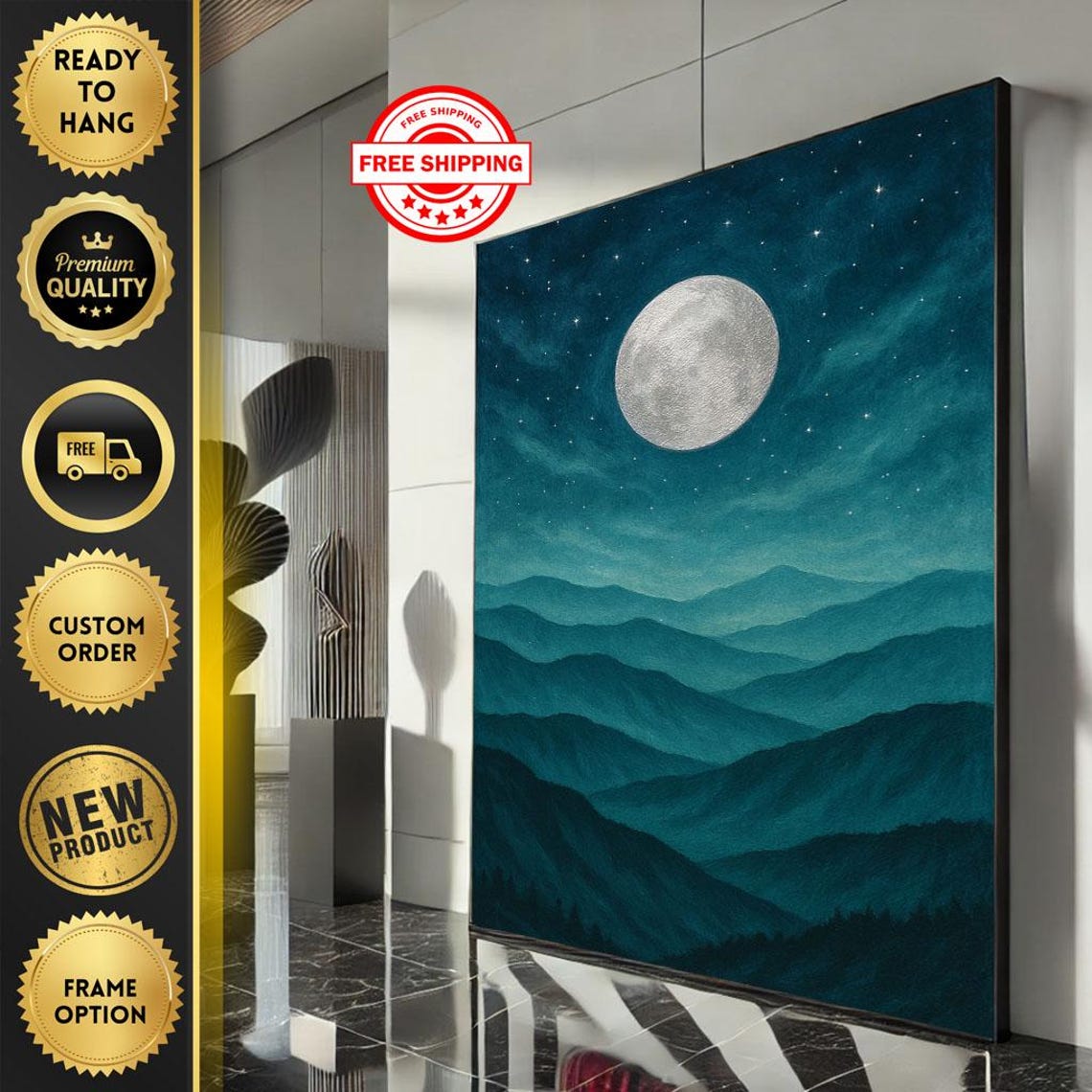 Moonlit Teal Mountain Landscape Full Moon Night Sky Art Poster