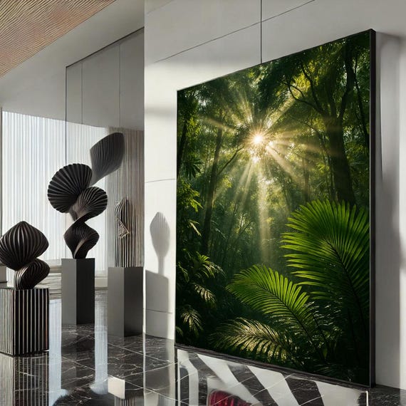 Lush Jungle Sunbeam Canvas Wall Art Print Green Living Room Decor Statement Piece For Nature Lovers
