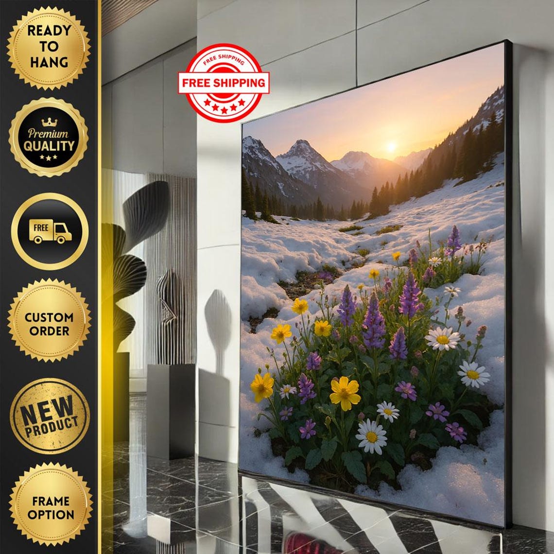 Alpine Sunrise Over Wildflowers And Melting Snow Mountain Poster