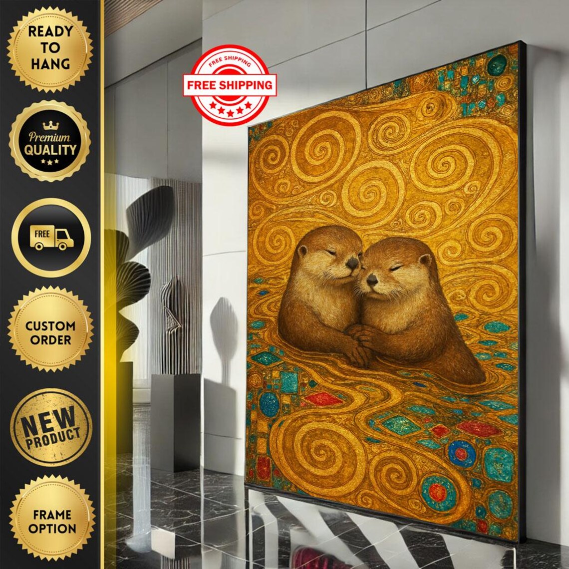 Otter Couple Embrace Golden Mosaic Klimt Style Cute Animal Poster