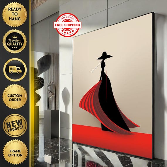 Modern Elegant Woman Silhouette Canvas Wall Art Print Red Black Living Room Decor Statement Piece