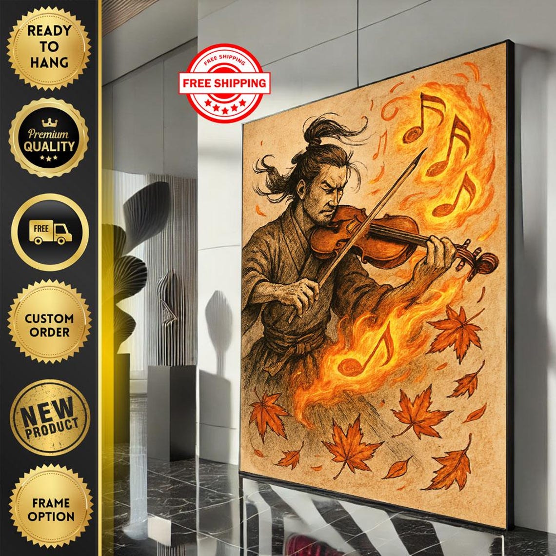 Japanese Violinist Fiery Music Notes Autumn Maple Ink Poster