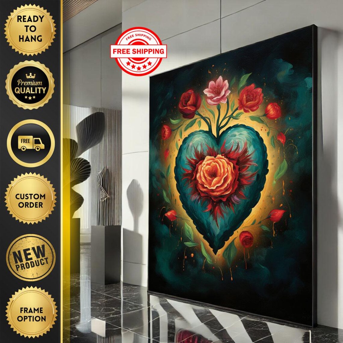 Floral Sacred Heart With Roses On Dark Teal Romantic Art Poster